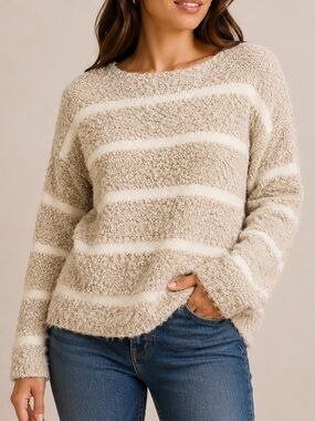 Calvin Klein Fuzzy Striped Sweater Soft Cozy Scoop Neck Top Medium